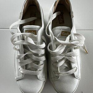 White Leather Platform Keds, Size 7